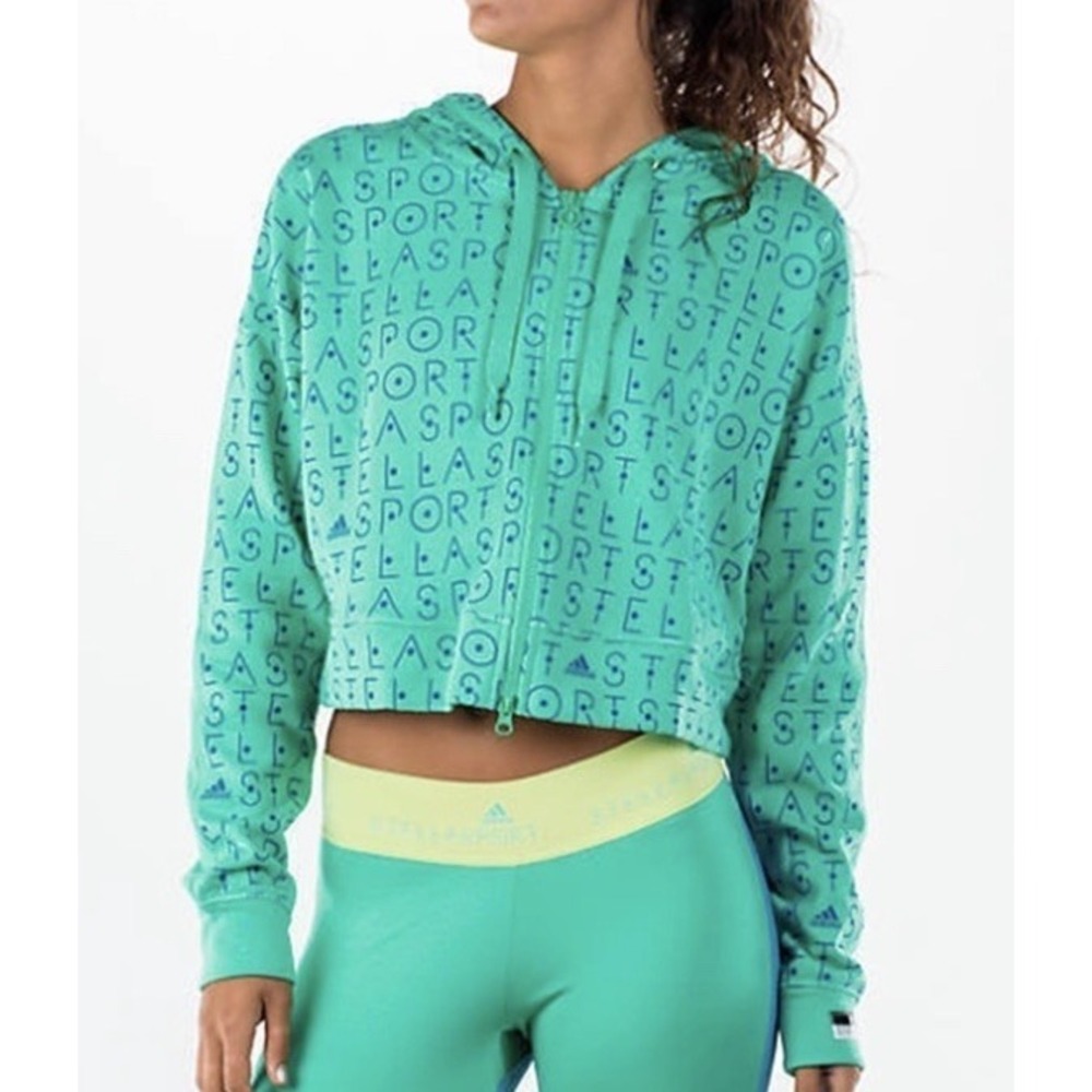 Adidas Stellasport Stella McCartney Green Logo Graphic Crop Hoodie Top L